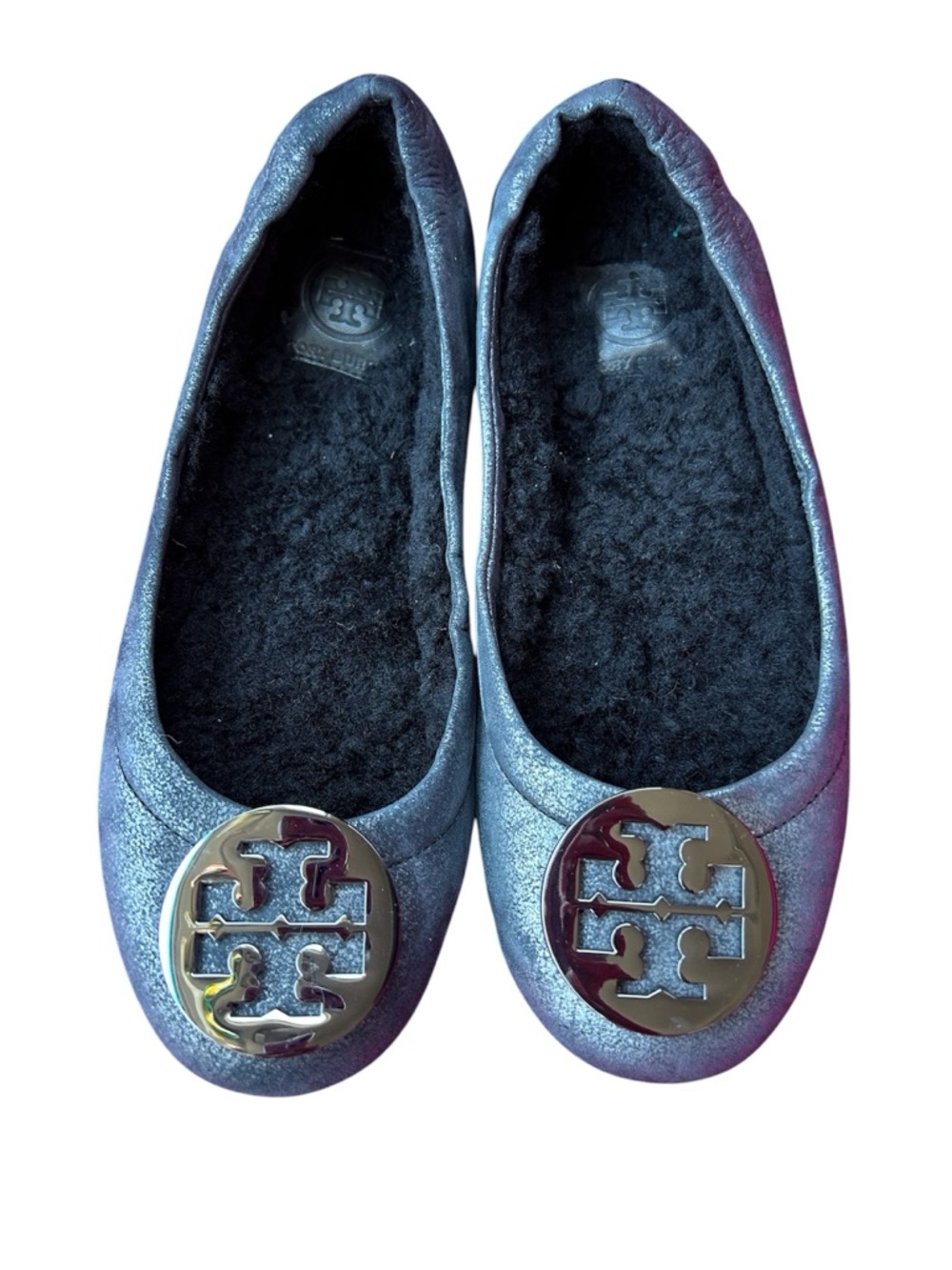 Tory Burch Metallic Silver Gray Fur Fleece Lined Logo Ballet Flats Size 6